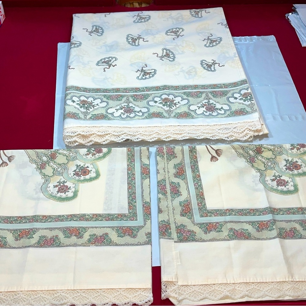 Victorian FAN Pink FLOWERS LACE SET 2 Pillowcases, FULL SIZE flat Sheet SET 1988